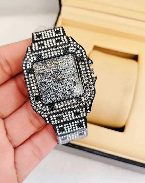 Ladies Stylish Stone Watch – Black and silver