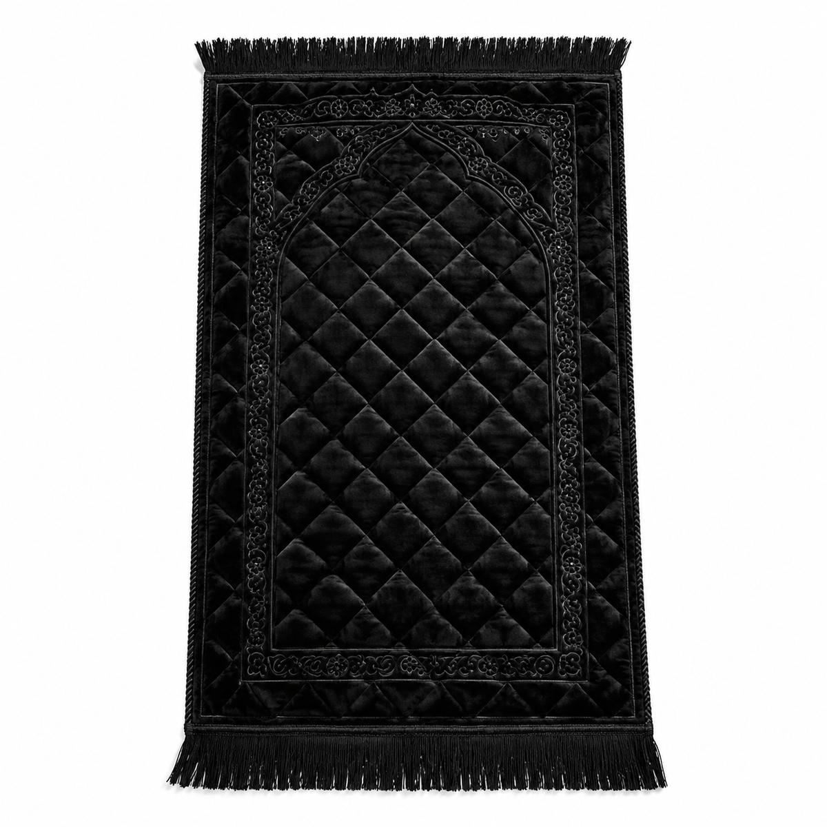 Premium Luxury Black Prayer Mat – Quilted Velvet Islamic Prayer Rug