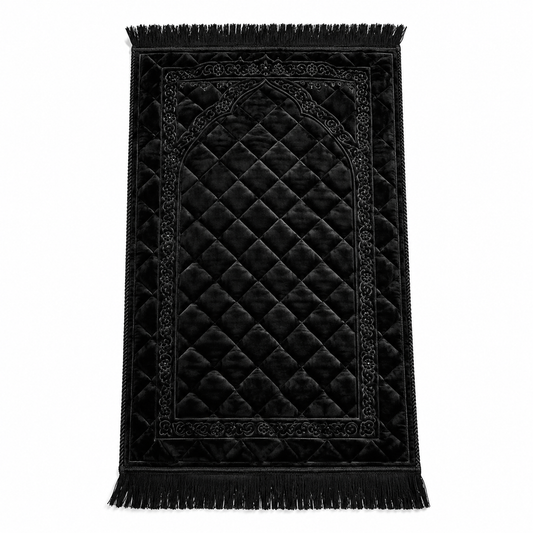 Premium Luxury Black Prayer Mat – Quilted Velvet Islamic Prayer Rug